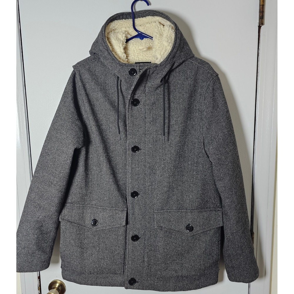 Express Mens Water Resistant Hooded Coat Grey Recycled Wool Faux Shearling SZ M